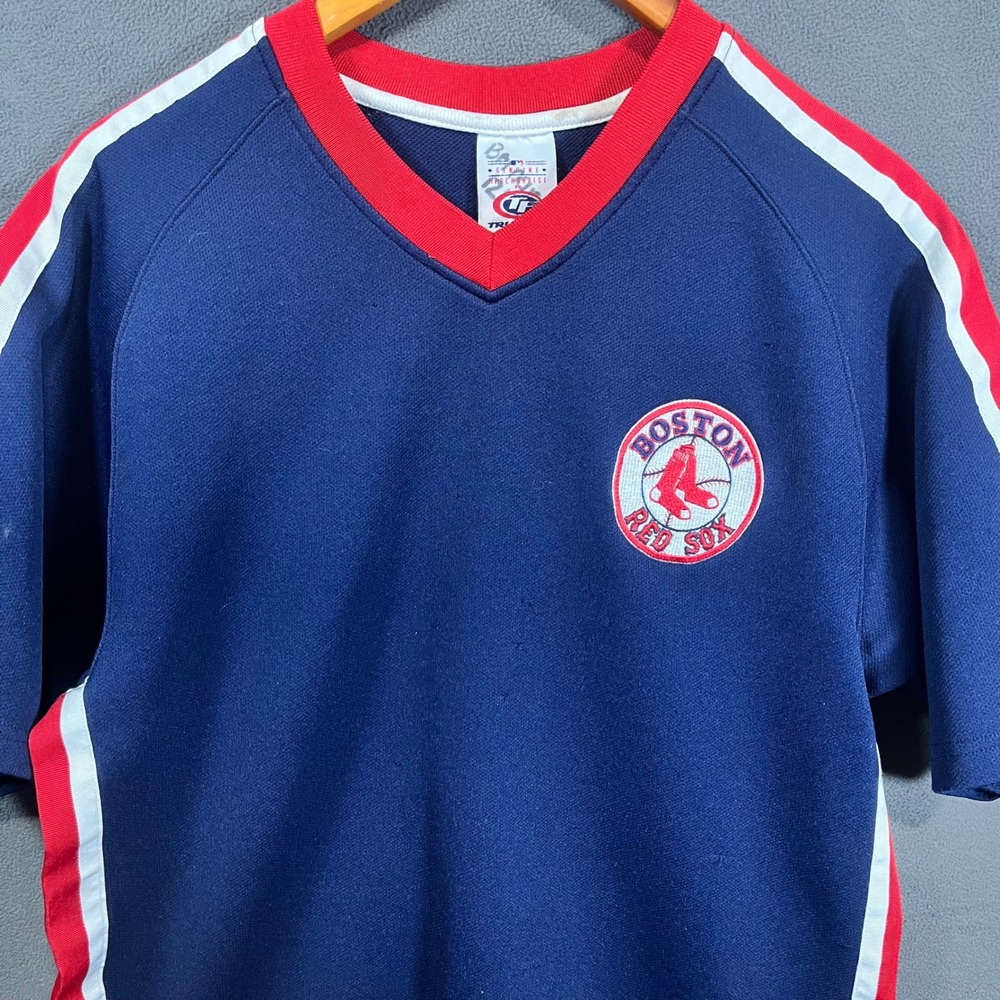 True Fan Boston Red Sox Jersey Mens Medium Navy Blue MLB V-Neck Mesh Shirt